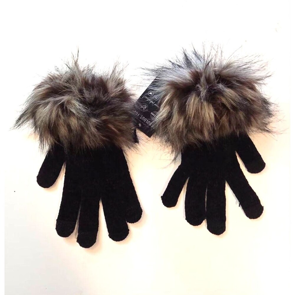 Donna Salyers' Fabulous-Faux Furs Black Red Fox Faux Fur-Trim Tech GlovesOS, NWT